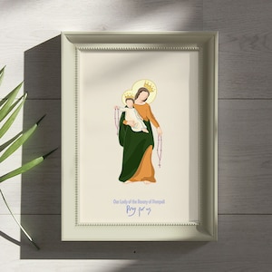 Our Lady of the Rosary of Pompeii pray for us. Printable catholic art card,  Mary Queen of Heaven, Our Lady of Pompeii