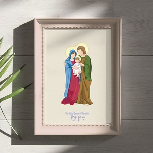 Onze Lieve Vrouw Koningin van Families bid voor ons. Christelijke digitale illustratie kerstkaart. Maria, koningin van de familie, Jozef, Maria en Jezus kunst