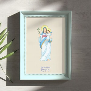 平和の聖母が私たちのために祈ってください。キリスト教のイラストカード。平和の母、平和の女王マリア、