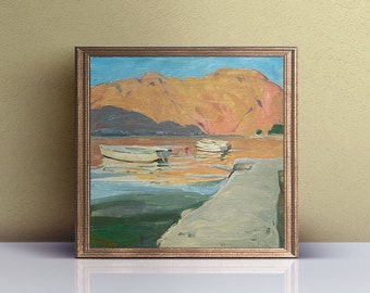 Arte mural costero, Obra de arte al atardecer, Playa con barco blanco, Pintura al óleo original, Paisaje marino de color naranja sobre lienzo, Arte vintage impresionista