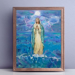 Stella Maris Virgin Mary Oil Painting – Marian Devotional Art, Hand-Painted Christian Wall Decor, Catholic Gifts, Star of the Sea Theme