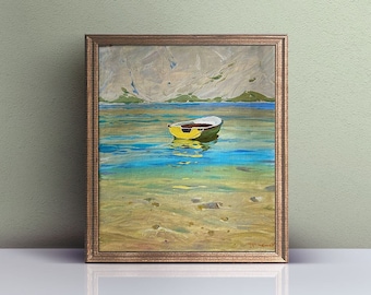 Boats artwork, Original Oil Painting Sunrise Seascape, Ocean oil painting, Sea canvas wall art, Sailboat on the shore, Bay Landscape art