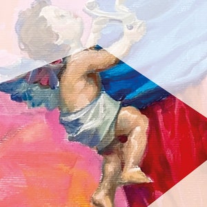 May include: A painting of a mother holding a baby angel. The mother is wearing a red and blue robe, and the baby angel has wings and is wearing a white dress. The background is a soft pink and orange.