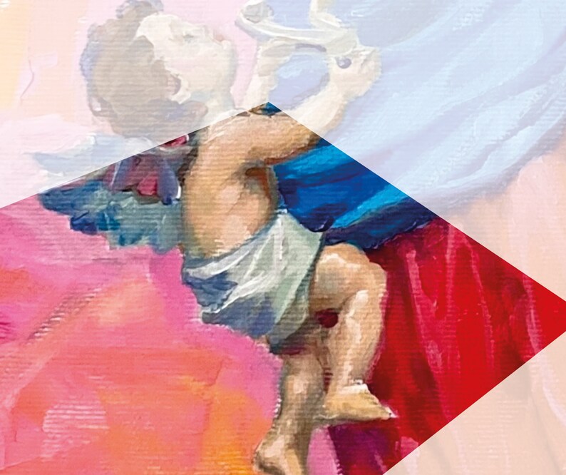 May include: A painting of a mother holding a baby angel. The mother is wearing a red and blue robe, and the baby angel has wings and is wearing a white dress. The background is a soft pink and orange.