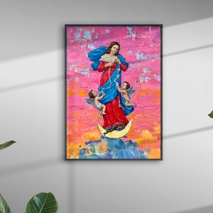 May include: A painting of a woman in a blue and red robe holding a rope, with two angels on either side of her. The woman is standing on a crescent moon with a snake wrapped around it. The background is a pink and orange sky.