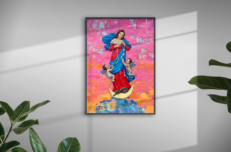 May include: A painting of a woman in a blue and red robe holding a rope, with two angels on either side of her. The woman is standing on a crescent moon with a snake wrapped around it. The background is a pink and orange sky.