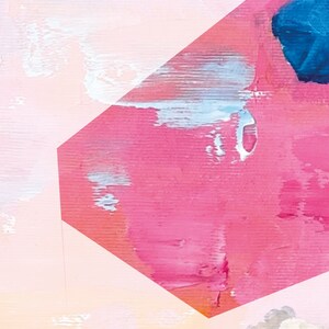 May include: Abstract painting with pink, blue, and white paint strokes. The painting is in a geometric shape with sharp angles.