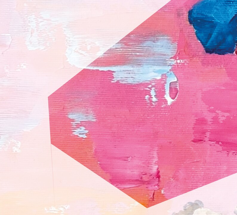 May include: Abstract painting with pink, blue, and white paint strokes. The painting is in a geometric shape with sharp angles.