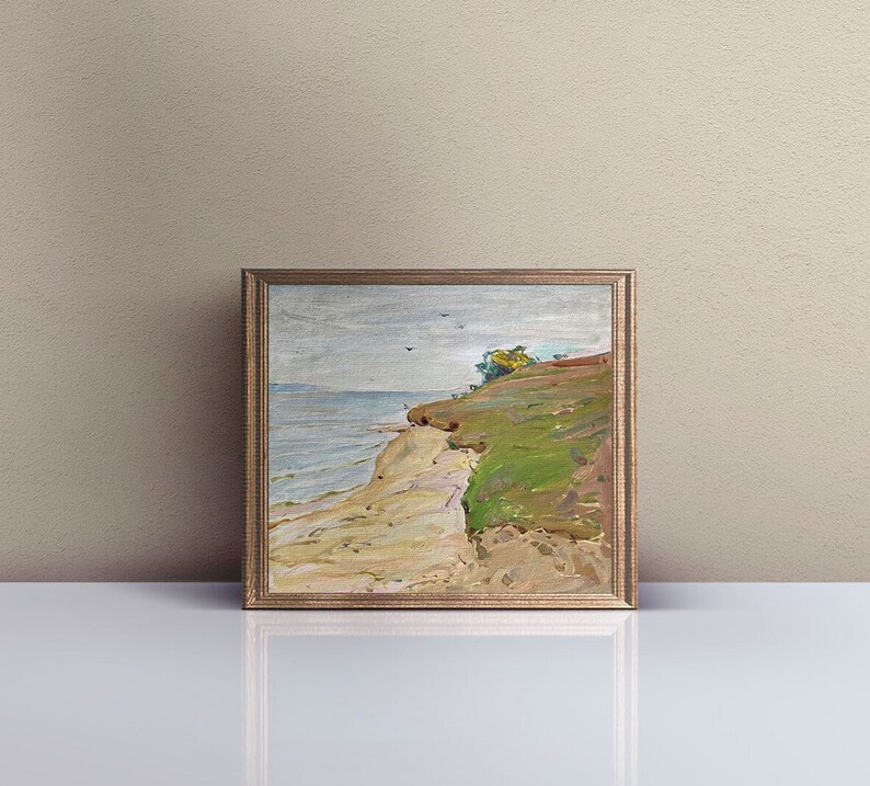 Puede incluir: Una pintura enmarcada que representa un paisaje mar&iacute;timo con una playa de arena, un acantilado cubierto de hierba y algunas aves volando en el cielo. La pintura est&aacute; realizada en un estilo suelto e impresionista, con un enfoque en capturar la luz y la atm&oacute;sfera de la escena.