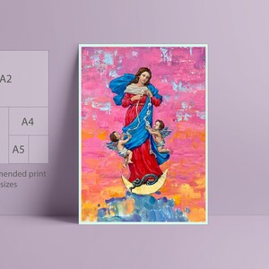 May include: A painting of the Virgin Mary, depicted in a red dress and blue robe, holding a knotted rope. Two angels are flanking her, one on each side. The background is a vibrant pink and orange.