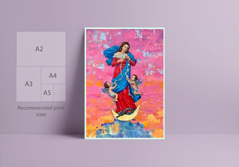 May include: A painting of the Virgin Mary, depicted in a red dress and blue robe, holding a knotted rope. Two angels are flanking her, one on each side. The background is a vibrant pink and orange.