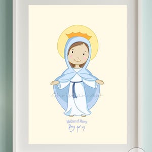 Art numérique de la Vierge Marie, mère de la Miséricorde, illustration, prière et coloriage pour enfants mariaux, carte imprimable catholique ou décoration murale, dessin