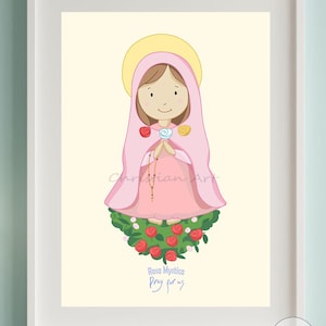 Our Lady Rosa Mystica kids prayer. christian artwork, Virgin Mary Mystical Rose, children Catholic illustration