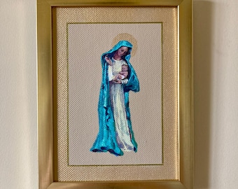 Hand-Painted icon Virgin Mary with baby Jesus, Small Catholic Oil Painting, Mini Framed Christian Art, Catholic original Art, Our Lady Art.