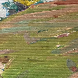 Puede incluir: Pintura abstracta con un fondo verde texturizado y pinceladas de pintura rosa, amarilla y azul.