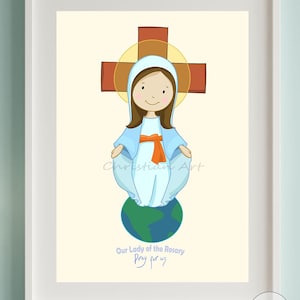 Oración infantil a Nuestra Señora de Akita. Tarjeta cristiana con ilustración digital. Virgen de la Caridad, Nuestra Señora del Japón,