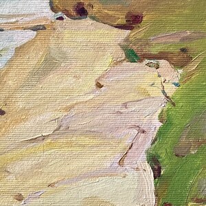 Puede incluir: Pintura abstracta con pinceladas gruesas en tonos beige, rosa y verde. La pintura presenta una superficie texturizada y un efecto de capas.