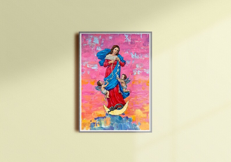 May include: A painting of the Virgin Mary, depicted in a red dress and blue robe, holding a knotted rope. Two angels are flanking her, and she stands on a crescent moon. The background is a vibrant pink and orange.