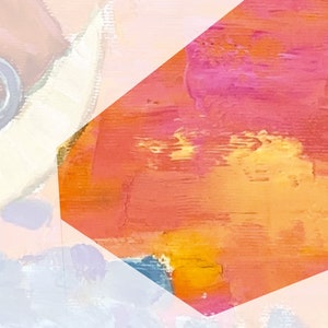 May include: Abstract painting with a mix of orange, pink, and yellow paint. The colors are blended together to create a soft, dreamy effect.
