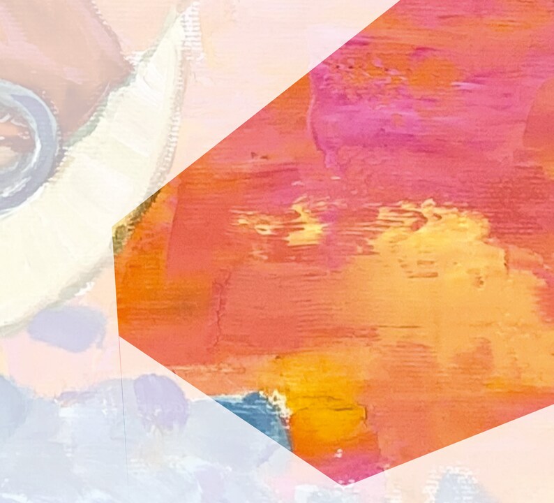 May include: Abstract painting with a mix of orange, pink, and yellow paint. The colors are blended together to create a soft, dreamy effect.