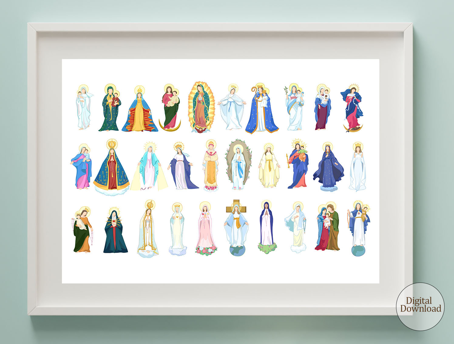 Virgin Mary Miracle Appearances, Digital Catholic Poster Wall Art