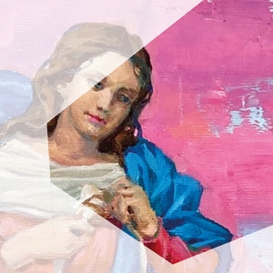 May include: A painting of a woman with long brown hair wearing a blue and red robe. The woman is looking down and holding a small object in her hands. The background is a pink and white abstract design.