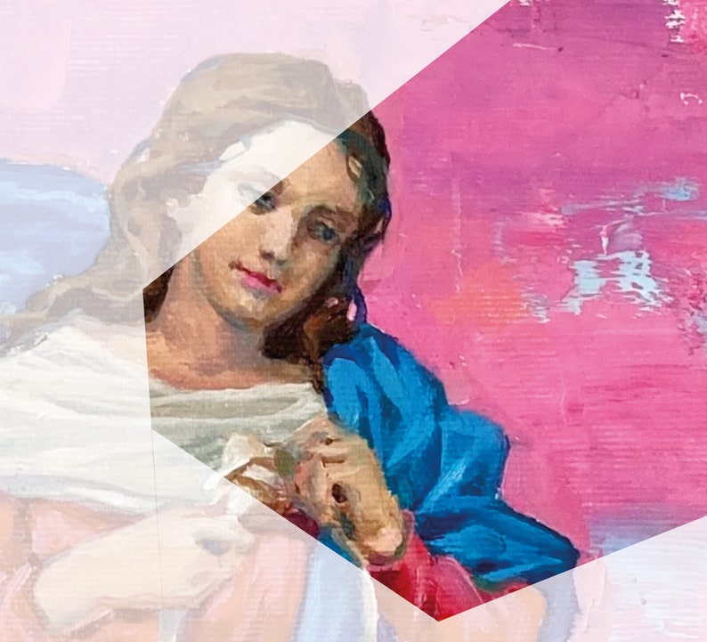 May include: A painting of a woman with long brown hair wearing a blue and red robe. The woman is looking down and holding a small object in her hands. The background is a pink and white abstract design.