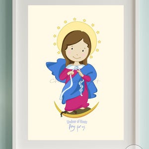 Illustrazione digitale per bambini della Madonna che scioglie i nodi – Pagina da colorare mariana, biglietto di preghiera e decorazione da parete, stampabile cattolico per bambini