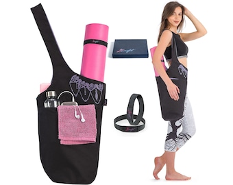 Yoga Mat Bag - Yoga Mat Holder With BONUS Yoga Mat Strap Elastics - Long Tote with Pockets - Holds More Yoga Accessories.