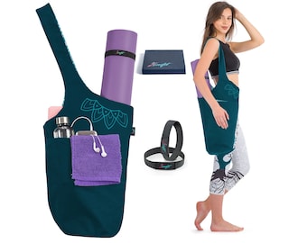 Yoga Mat Bag - Two Tone Teal - Yoga Mat Holder With BONUS Yoga Mat Strap Elastics - Long Tote with Pockets - Holds More Yoga Accessories.