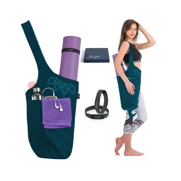 Yoga Mat Bag - Two Tone Teal - Yoga Mat Holder With BONUS Yoga Mat Strap Elastics - Long Tote with Pockets - Holds More Yoga Accessories.