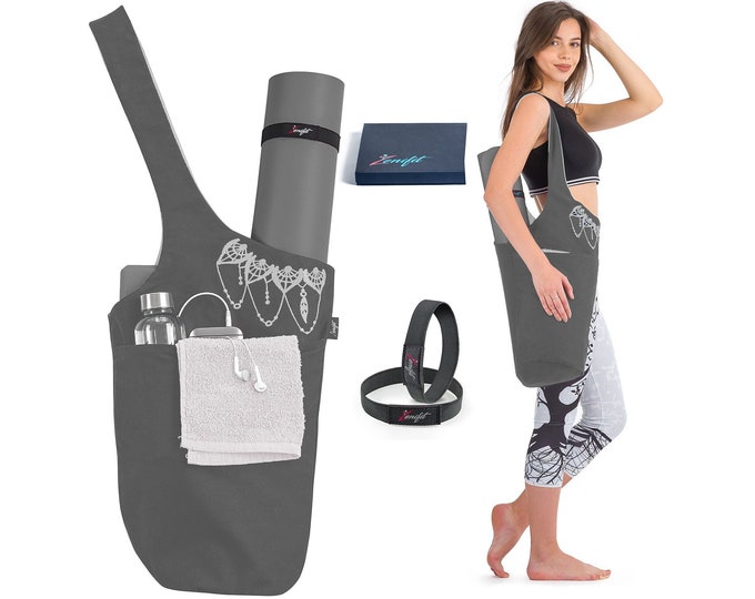 Yoga Mat Bag - Gray white - Yoga Mat Holder With BONUS Yoga Mat Strap Elastics - Long Tote with Pockets - Holds More Yoga Accessories.