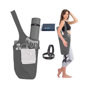 Yoga Mat Bag - Gray white - Yoga Mat Holder With BONUS Yoga Mat Strap Elastics - Long Tote with Pockets - Holds More Yoga Accessories.