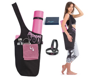 Black and Pink Yoga Mat Bag: Long Tote with Pockets & Straps