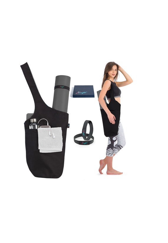 Black Yoga Mat Bag: Long Tote with Pockets & Straps