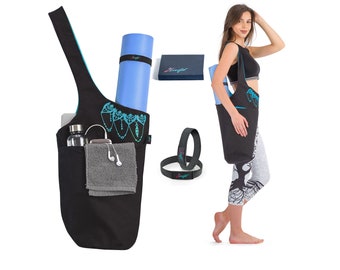 Yoga Mat Bag - Yoga Mat Holder With BONUS Yoga Mat Strap Elastics - Long Tote with Pockets - Holds More Yoga Accessories. Black & Blue