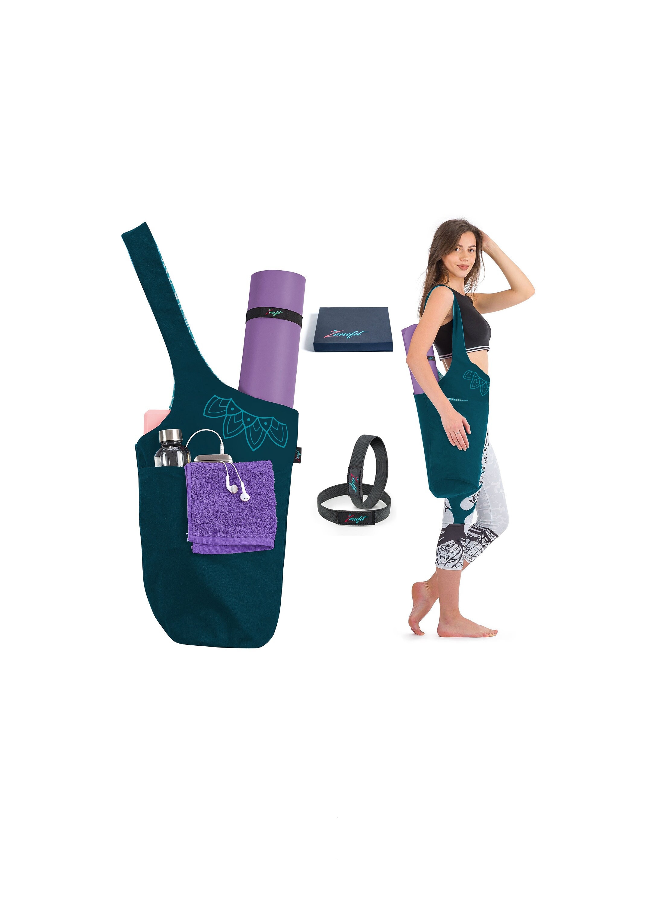 Yoga Mat Bag - Two Tone Teal - Yoga Mat Holder With BONUS Yoga Mat Strap Elastics - Long Tote with Pockets - Holds More Yoga Accessories.