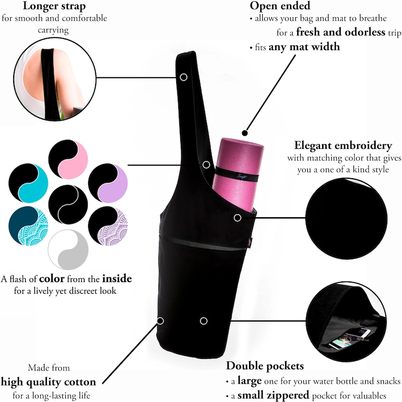 Black Yoga Mat Bag: Long Tote with Pockets & Straps image 8