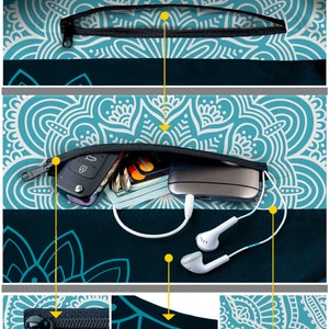 yoga bag inner YKK zipper pocket with accessories such as wallet, phone, keys and other valuable's to be stored away