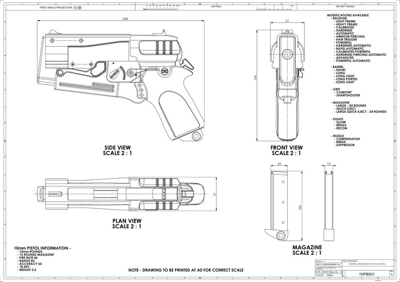 Fallout 4 Inspired 10mm Pistol Technical Drawing - Etsy