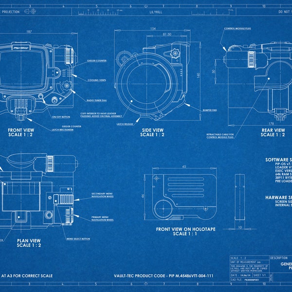 Fallout 4 inspired Pipboy 3000 Mk IV Blueprint Technical Drawing