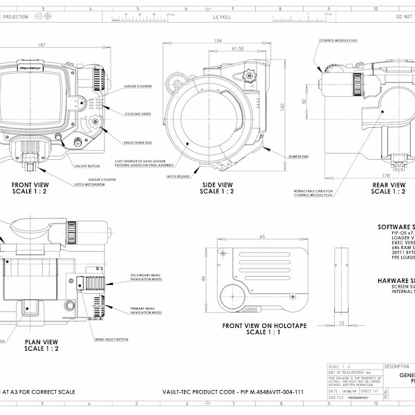 Fallout 4 inspired Pipboy 3000 MKIV Technical Drawing