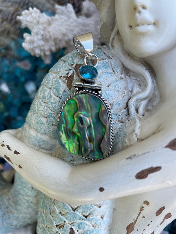 Gorgeous Abalone Shell Sterling Silver & Blue Top… - image 4