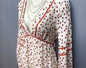 Nasty Gal Maxi V Neck Long Sleeve Floral Vintage Retro Style Maxi Granny Gown Balloon Sleeves Velvet Trim 10