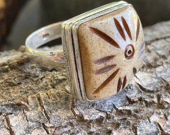 Antiqued Buffalo Bone Etched Sterling Silver Rancher Ring SZ 8