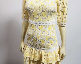 Summer Super Lace Layered Yellow Sundress Vintage Retro Style Romantic Wedding Mini Dress XS
