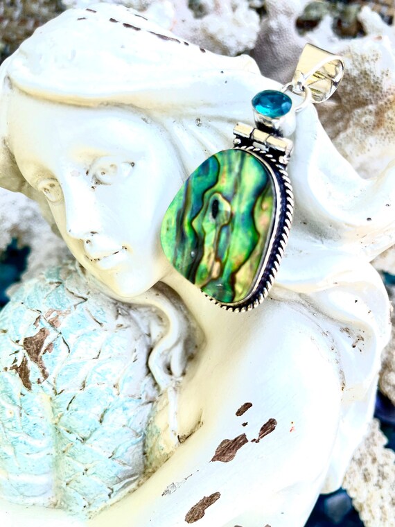 Gorgeous Abalone Shell Sterling Silver & Blue Top… - image 5