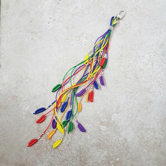 Long Rainbow Bag Charm, Beaded Boho Bag Flair, Pride Festival accessories, Colourful Hippie Bag Tassel