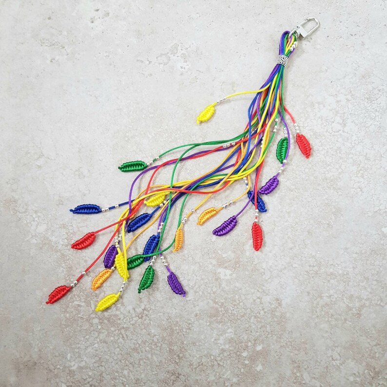 May include: A rainbow-colored keychain with a silver clip and multiple small, knotted, leaf-shaped charms.