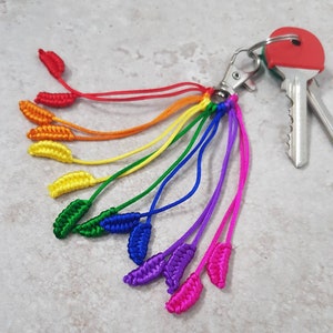 May include: Rainbow coloured keychain with a silver key ring and a red key. The keychain has multiple strands of string with small knotted leaves at the end of each strand. The leaves are red, orange, yellow, green, blue, purple, and pink.